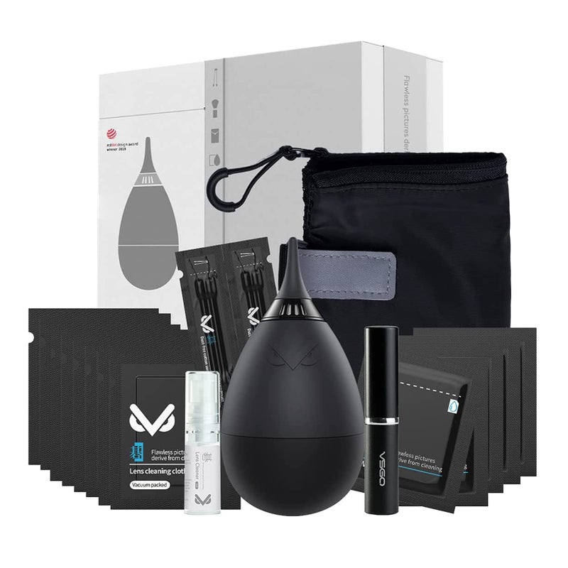 VSGO Professional Lens Cleaning Kit with Air Blower Folding Pouch Microfiber Lens Cloth Wet Wipes Lens Cleaner Metal Brush Cotton Swab Compatible for Optical Camera Lens Phone Laptop Cleaning(VS-A2E) - Image 1